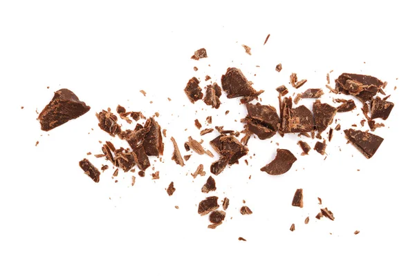 Chocolate rallado aislado sobre fondo blanco. Vista superior — Foto de Stock