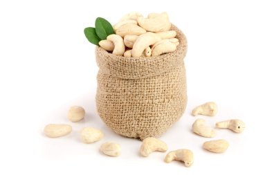 kaju fıstığı yaprak beyaz arka plan üzerinde izole çanta içinde