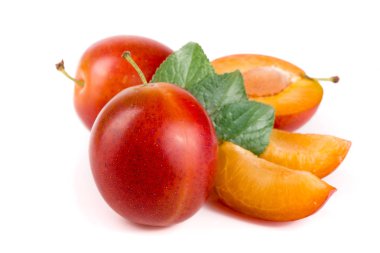 Kırmızı Erik yarısı beyaz arka plan üzerinde izole yaprakları ile sona
