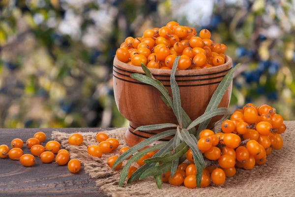 Deniz topalak meyveleri ile Bahçe arka plan bulanık tabloda ahşap bir kasede