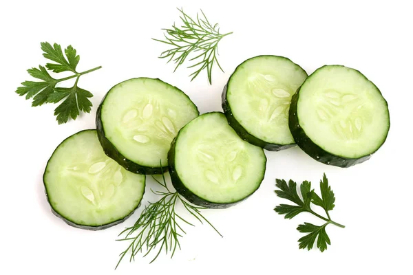 slices of cucumber with leaf parsley dill isolated on white background