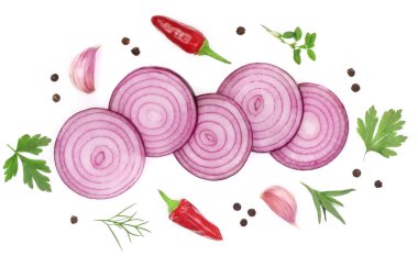 soğan, sarımsak, acı biber ve baharat beyaz arka plan üzerinde izole. Üstten Görünüm