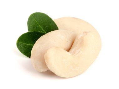 Beyaz arka plan üzerinde izole yaprak ile kaşu fındık. Makro