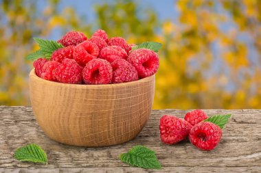 Ahududu bulanık bir bahçe arka plan ile tabloda bir ahşap kase