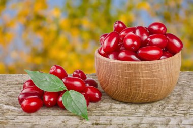 Kızılcık berry yaprak kase bulanık bir bahçe arka plan ile ahşap tablo