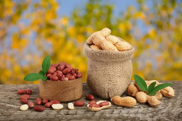 Fıstık çanta üzerinde eski bir bulanık Bahçe arka plan ile ahşap masa üzerinde yaprak ile