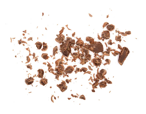 Chocolate rallado aislado sobre fondo blanco. Vista superior — Foto de Stock