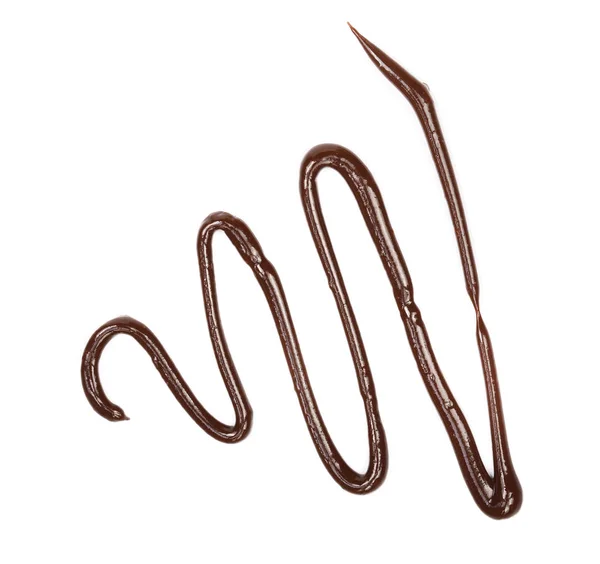 Heiße geschmolzene Schokolade Gießen isoliert auf weißem Hintergrund, Ansicht von oben — Stockfoto