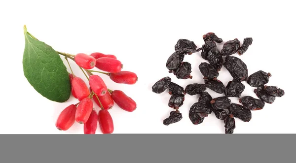 Dried and fresh barberry with leaves isolated on white background. top view — Stock Photo, Image