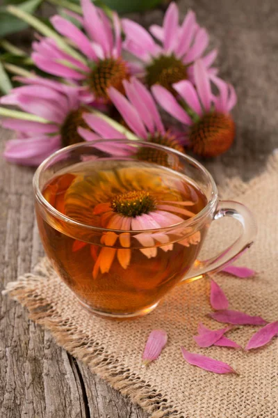 Cup of echinacea tea on old wooden table — Stock Photo, Image