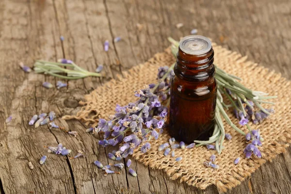 Herbal oil and lavender flowers on old wooden background