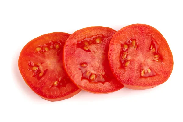 3 토마토 쪼 갠 다 흰색 배경에 고립입니다. 상위 뷰 — 스톡 사진