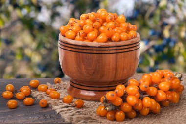 Deniz topalak meyveleri ile Bahçe arka plan bulanık tabloda ahşap bir kasede