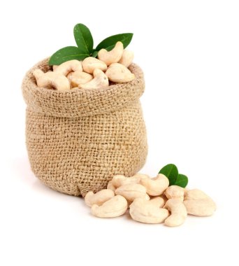 kaju fıstığı yaprak beyaz arka plan üzerinde izole çanta içinde