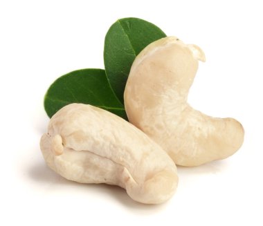 Beyaz arka plan üzerinde izole yaprak ile kaşu fındık. Makro