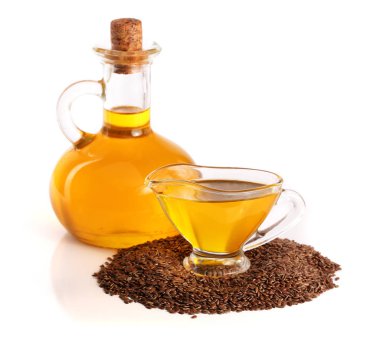 keten tohumu yağı ile beyaz arka plan üzerinde izole keten tohumu