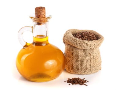 keten tohumu yağı ile beyaz arka plan üzerinde izole keten tohumu