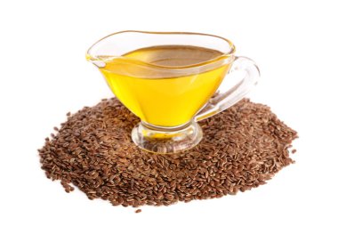 keten tohumu yağı ile beyaz arka plan üzerinde izole keten tohumu