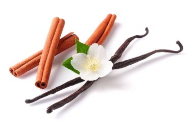 Vanilya çubukları ve tarçın ile beyaz arka plan üzerinde izole çiçek