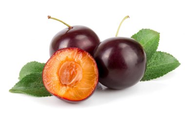 Beyaz arkaplanda yapraklı mor erik