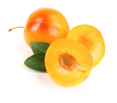 Beyaz arkaplanda yaprakları olan sarı erik