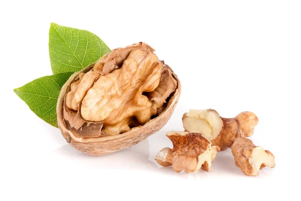 Walnut with leaf isolated on white background — Stock Photo, Image