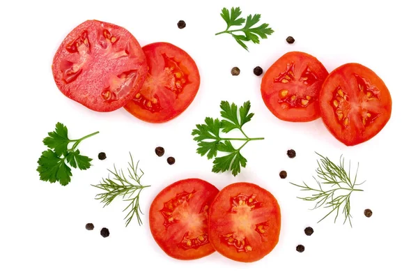 Φέτα ντομάτα με φύλλα μαϊντανό, άνηθο και πιπέρι που απομονώνονται σε λευκό φόντο. Το Top view — Φωτογραφία Αρχείου