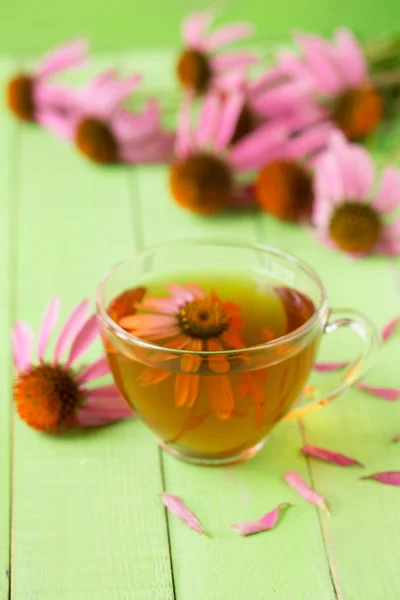 Echinacea čaj na zelený dřevěný stůl — Stock fotografie