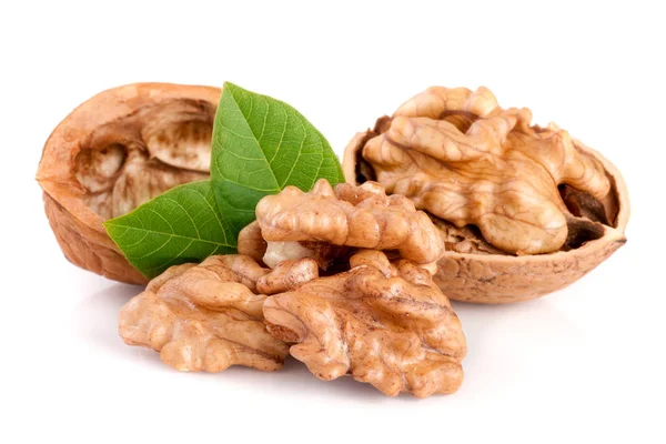 Walnuts with leaf isolated on white background — Stock Photo, Image