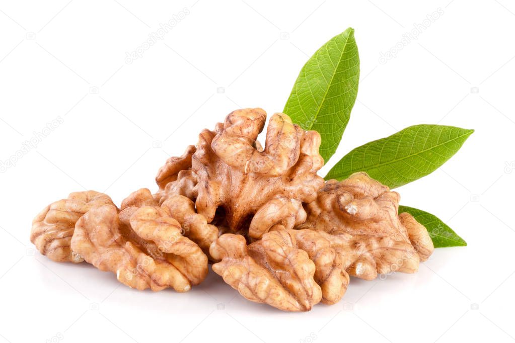 Walnuts with leaf isolated on white background