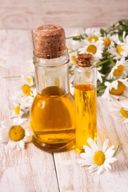 esans ve hafif ahşap arka plan üzerinde taze papatya çiçeği ile şişe