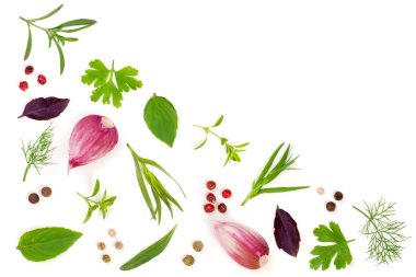 Taze baharat ve otlar beyaz arka plan üzerinde izole. Dereotu maydanoz fesleğen kekik tartun karabiber sarımsak. Üstten Görünüm