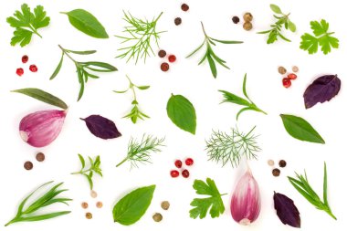 Taze baharat ve otlar beyaz arka plan üzerinde izole. Dereotu maydanoz fesleğen kekik tartun karabiber sarımsak. Üstten Görünüm