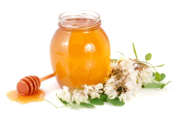 Burk honung med blommor av akacia isolerad på vit bakgrund — Stockfoto