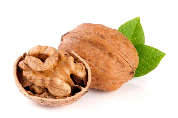 Walnuts with leaf isolated on white background — Stock Photo, Image
