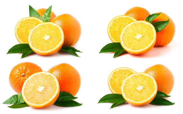 Laranja com folhas isoladas sobre fundo branco. Conjunto ou coleção — Fotografia de Stock