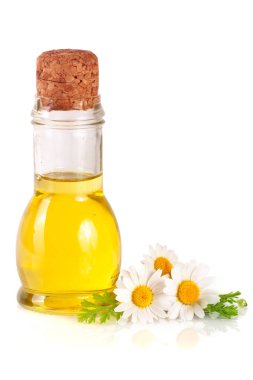 Beyaz arka planda özgün yağ ve taze papatya çiçekleri bulunan şişe.