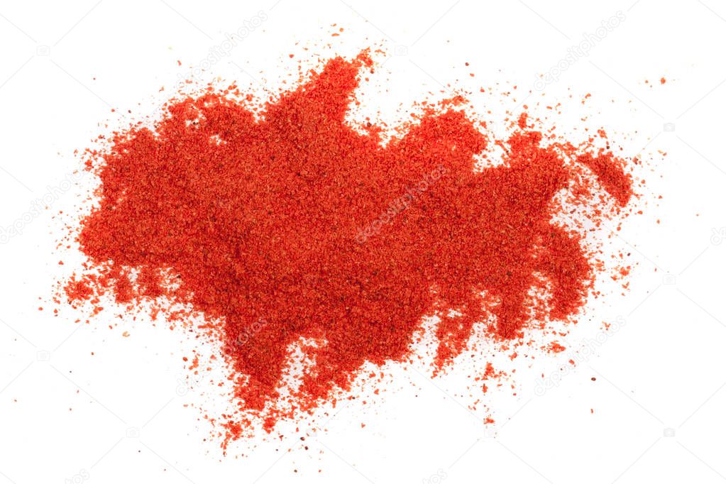 Paprika powder isolated on white background. Top view