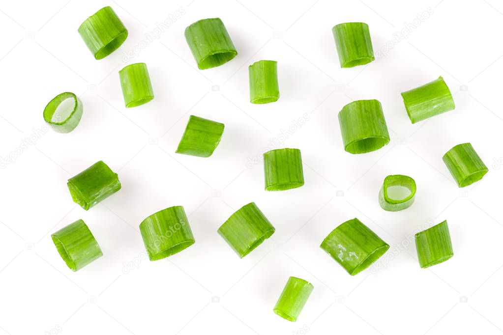 Chopped fresh green onions isolated on white background. Top view