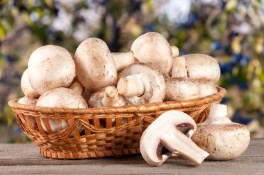Bulanık Bahçe arka plan ile ahşap masa üzerinde bir hasır sepet champignon mantar