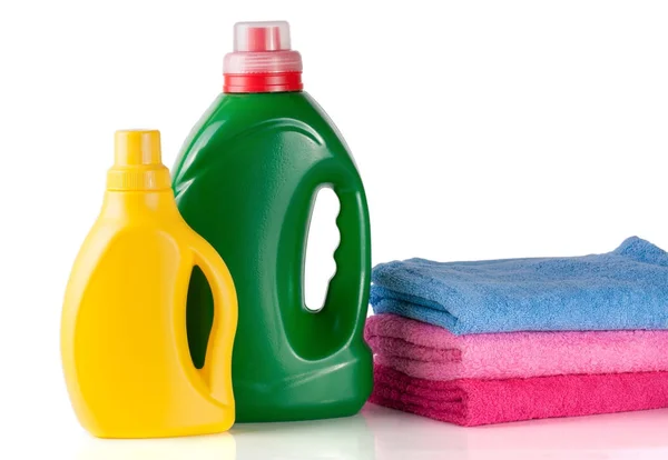 Bottle laundry detergent and conditioner or fabric softener with towels isolated on white background — Stock Photo, Image