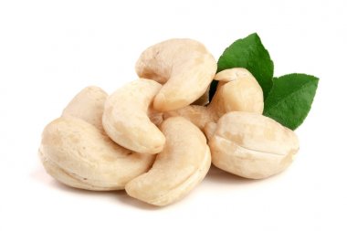 Beyaz arka plan üzerinde izole yaprak ile kaşu fındık. Makro