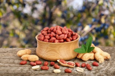 yaprak kase eski bir bulanık Bahçe arka plan ile ahşap tabloda fıstık