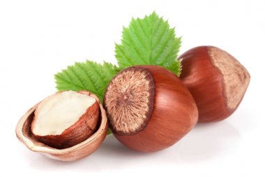 Beyaz arkaplanda yaprakları olan fındıklar