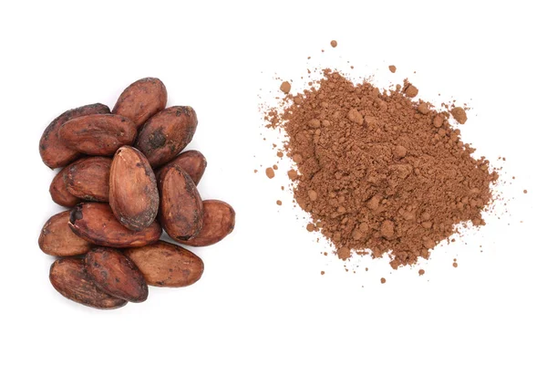 Cacao y cacao en polvo aislado sobre fondo blanco vista superior — Foto de Stock