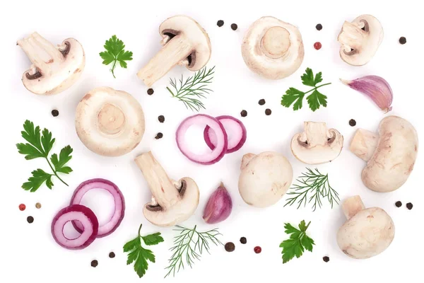 Champiñones con ajo de cebolla eneldo de hojas de perejil y granos de pimienta aislados sobre fondo blanco. vista superior — Foto de Stock