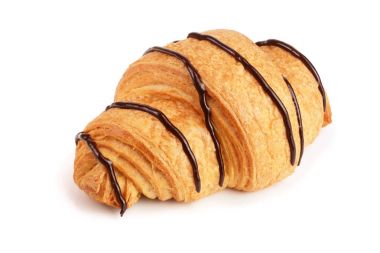 çikolata soslu beyaz arka plan üzerinde üstten görünüm izole dekore edilmiş kruvasan