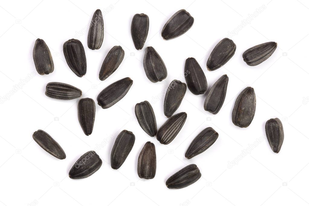 Sunflower seeds isolated on white background. Top view