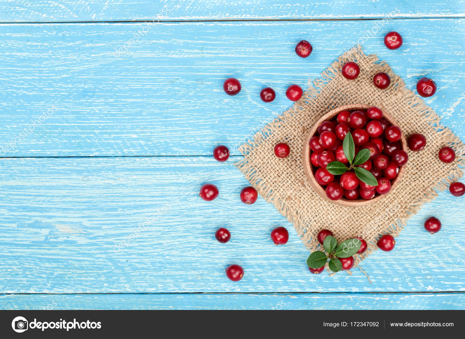 Cranberry with leaf in bowl on blue wooden background with copy space