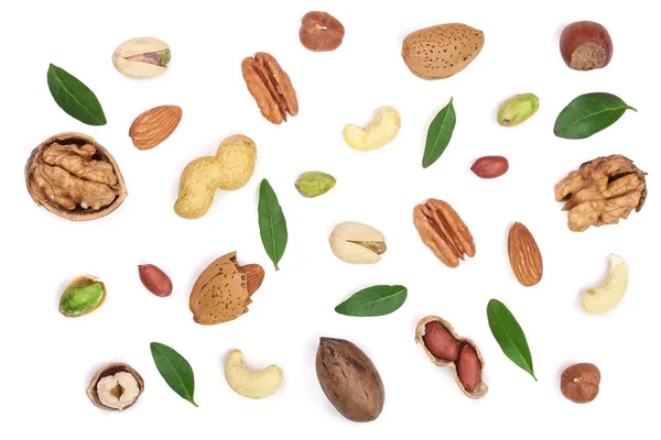 Mix of different nuts with leaves isolated on white background, Flat lay pattern, Top view — Stock Photo, Image